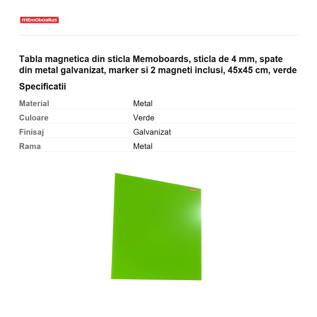 Tabla magnetica din sticla Memoboards, sticla de 4 mm, spate din metal galvanizat, marker si 2 magneti inclusi, 45x45 cm, verde [3]