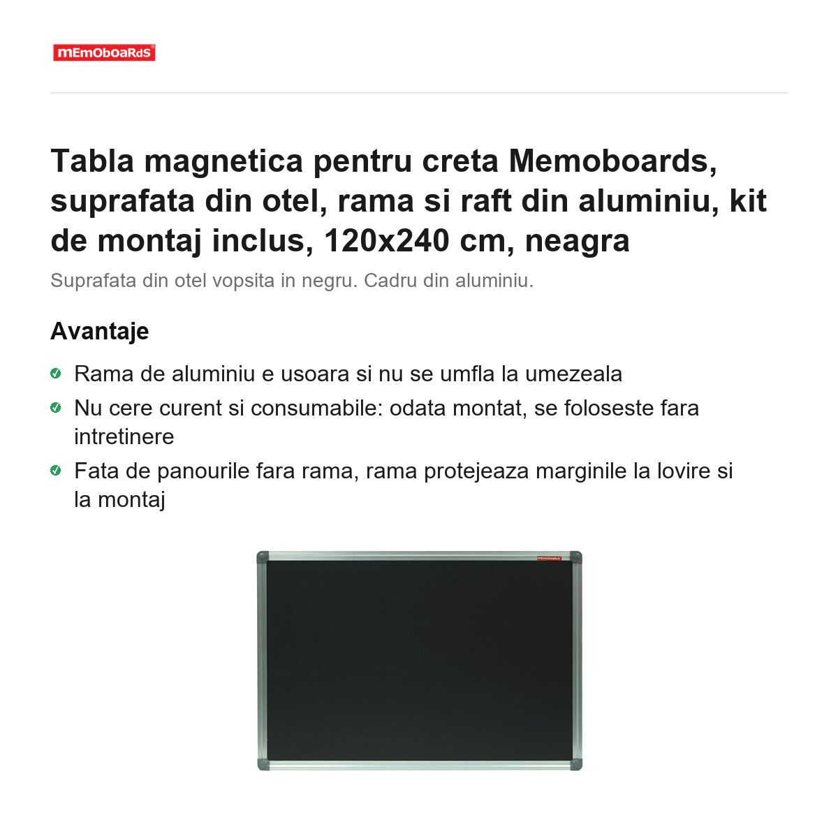 Tabla magnetica pentru creta Memoboards, suprafata din otel, rama si raft din aluminiu, kit de montaj inclus, 120x240 cm, neagra [2]
