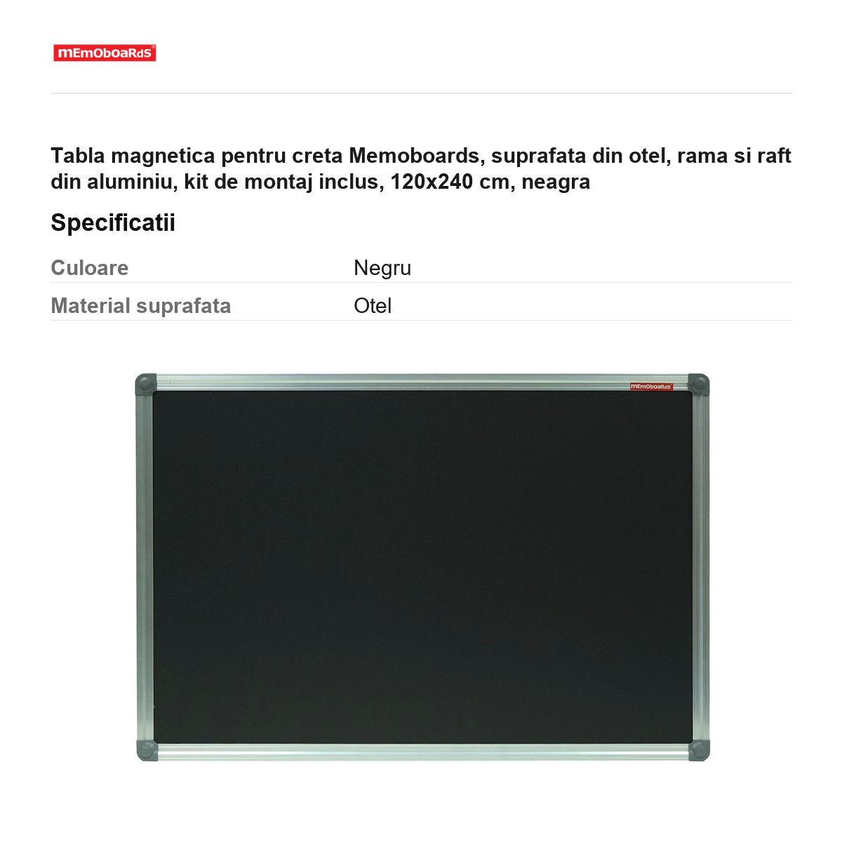 Tabla magnetica pentru creta Memoboards, suprafata din otel, rama si raft din aluminiu, kit de montaj inclus, 120x240 cm, neagra [3]