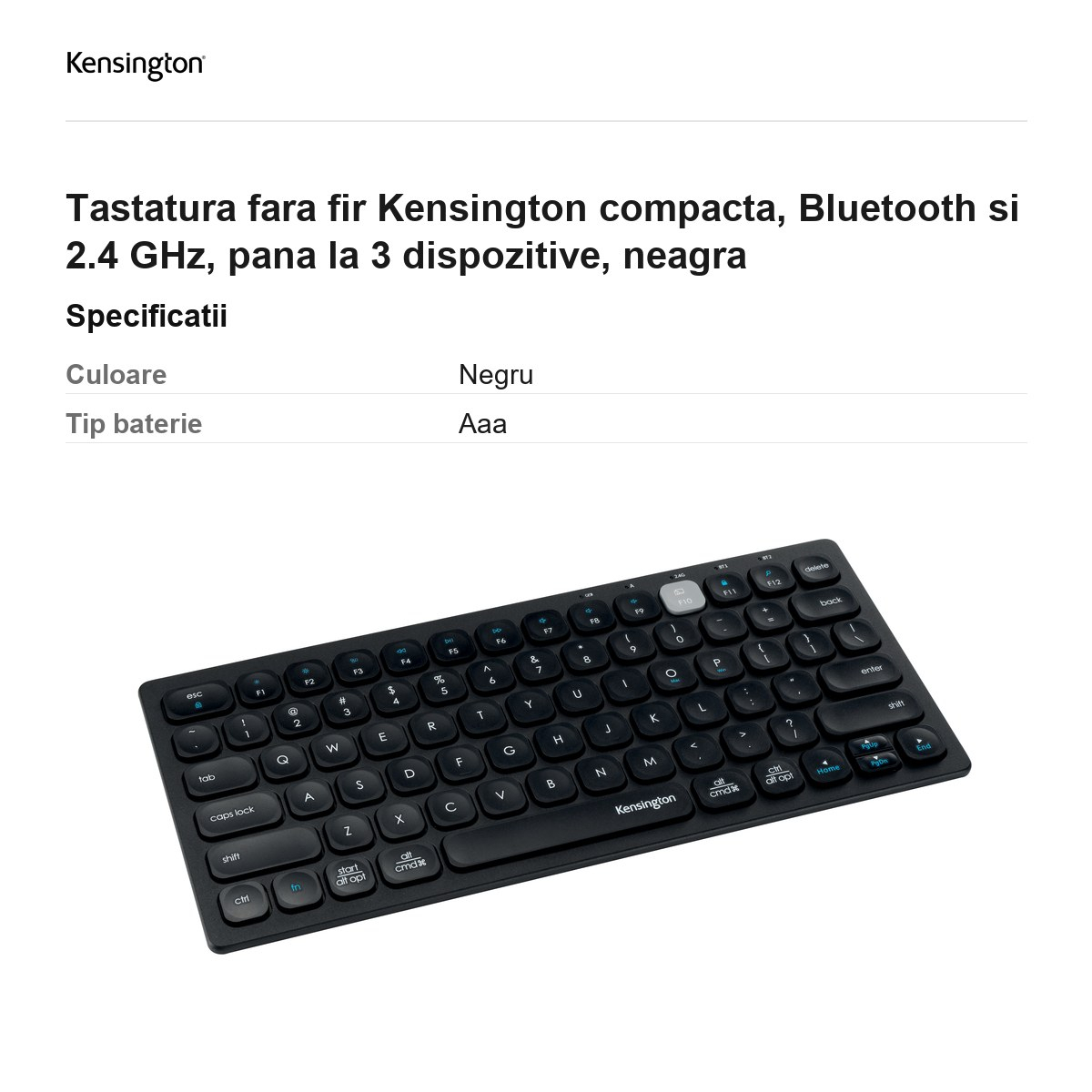 Tastatura fara fir Kensington compacta, Bluetooth si 2.4 GHz, pana la 3 dispozitive, neagra [3]