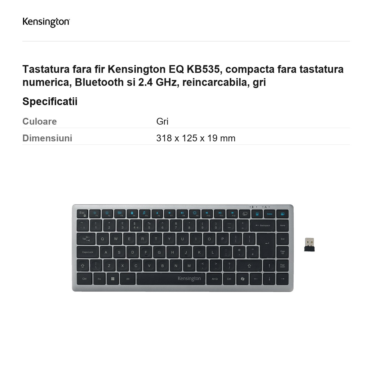 Tastatura fara fir Kensington EQ KB535, compacta fara tastatura numerica, Bluetooth si 2.4 GHz, reincarcabila, gri [3]
