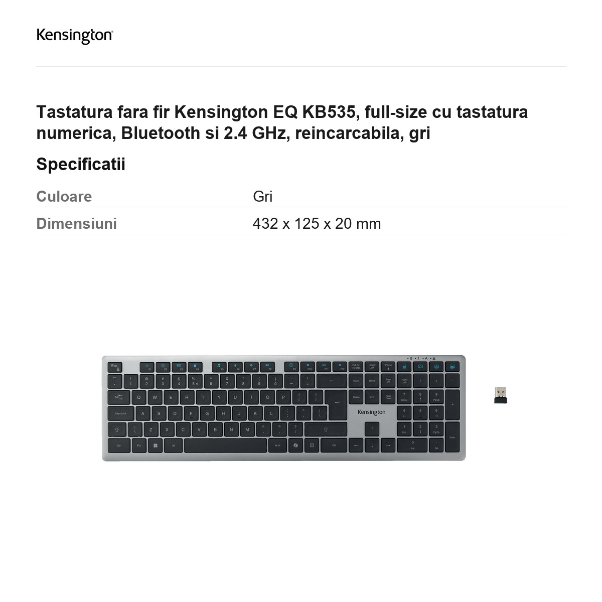 Tastatura fara fir Kensington EQ KB535, full-size cu tastatura numerica, Bluetooth si 2.4 GHz, reincarcabila, gri [3]
