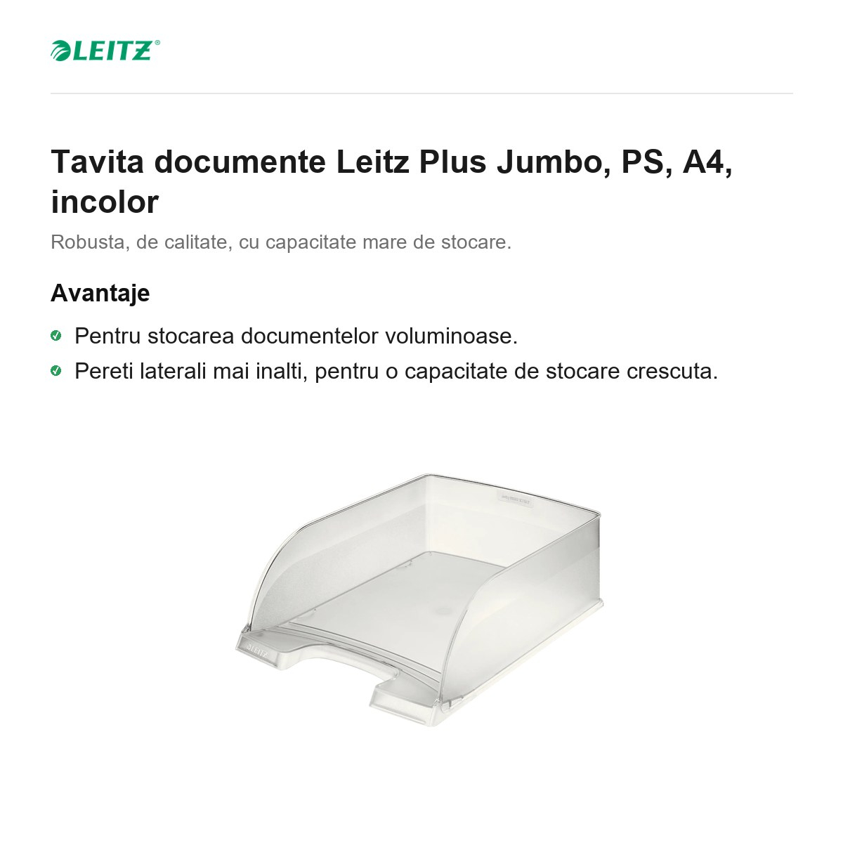 Tavita documente Leitz Plus Jumbo, PS, A4, incolor [2]