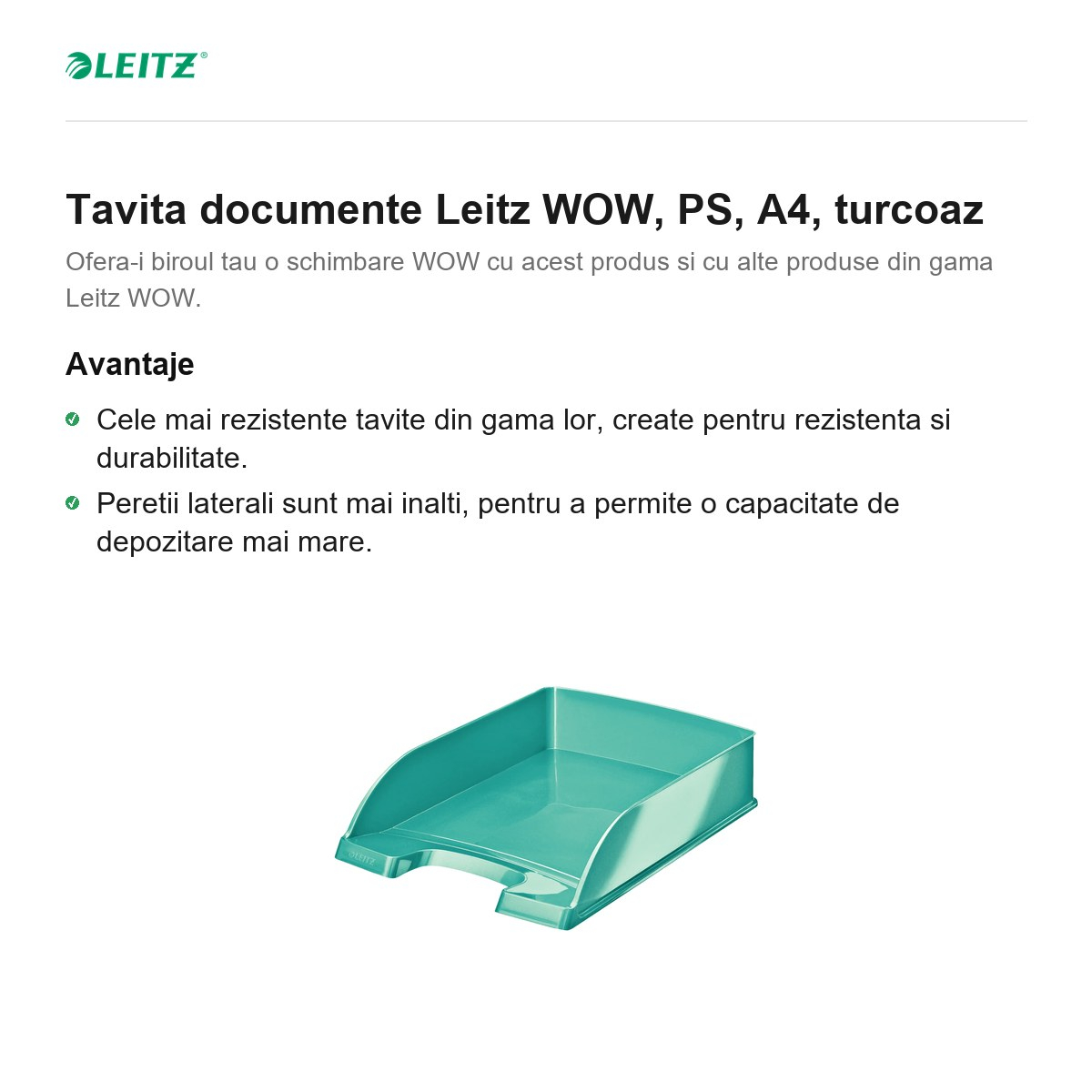 Tavita documente Leitz WOW, PS, A4, turcoaz [2]