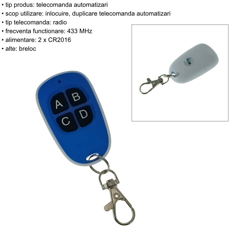 Telecomanda cu autoinvatare, T-433M, frecventa radio 433Mhz, pentru porti, bariere, usi garaj cu comanda radio, albastra [4]