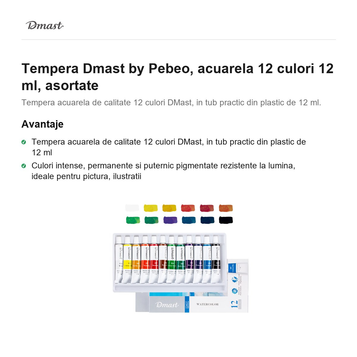 Tempera Dmast by Pebeo, acuarela 12 culori 12 ml, asortate [2]