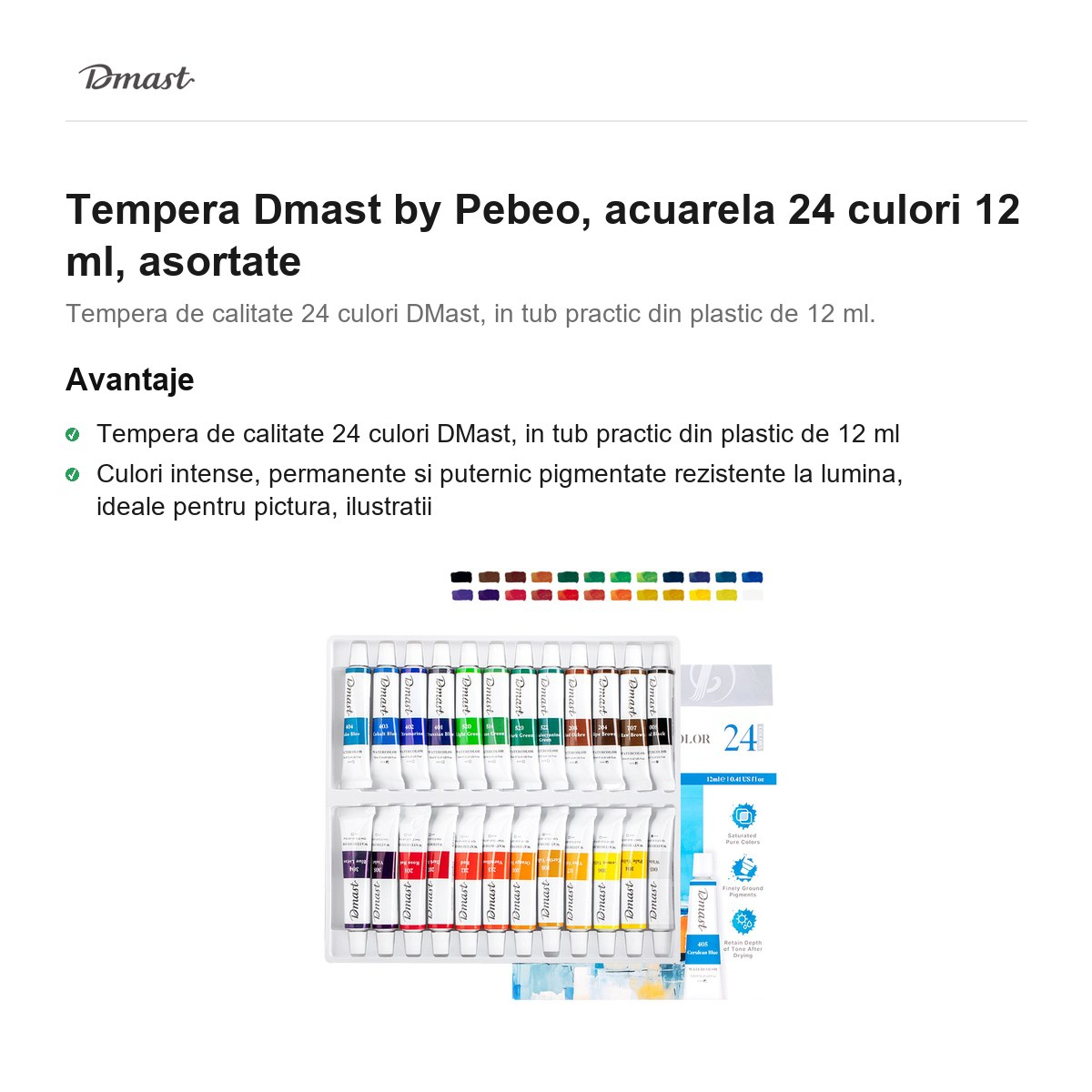 Tempera Dmast by Pebeo, acuarela 24 culori 12 ml, asortate [2]