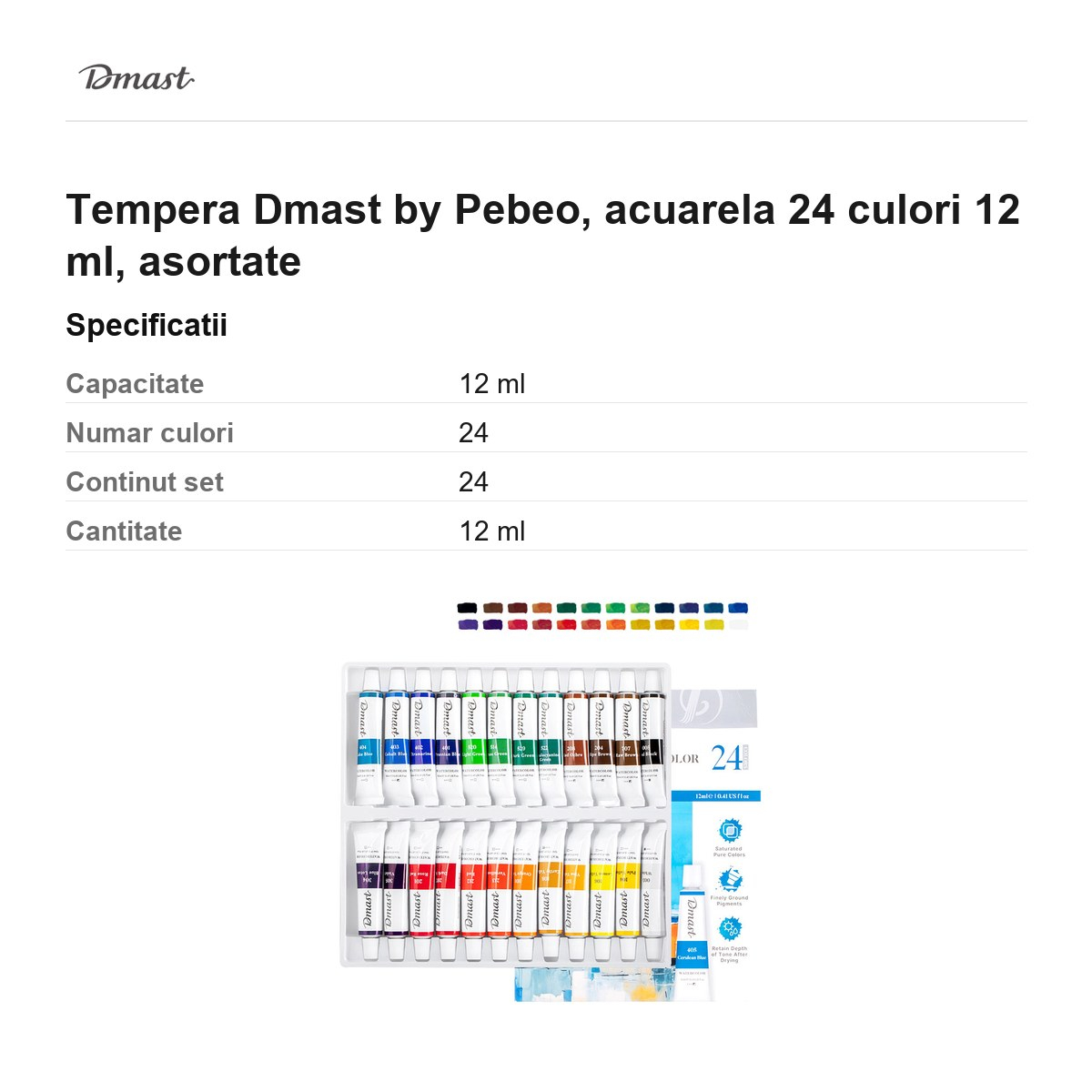 Tempera Dmast by Pebeo, acuarela 24 culori 12 ml, asortate [3]