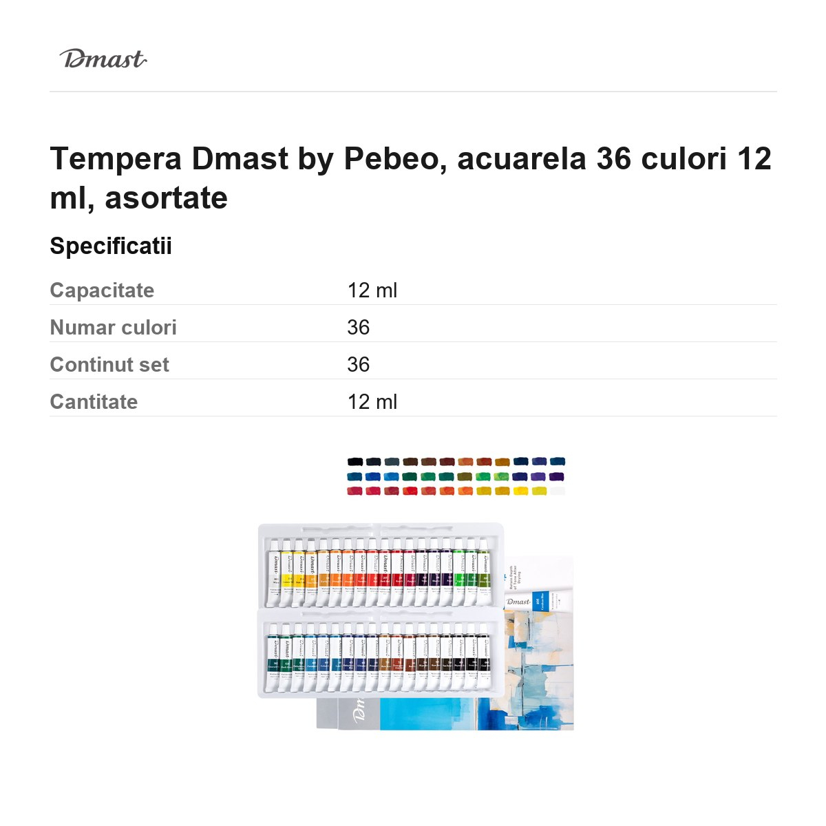 Tempera Dmast by Pebeo, acuarela 36 culori 12 ml, asortate [3]