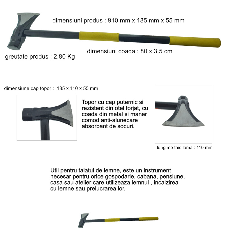 Topor din otel forjat, pentru despicat, 2.8 Kg, cu coada din metal si maner izolat anti-alunecare, prindere cu ambele maini , lungime 90 cm [6]