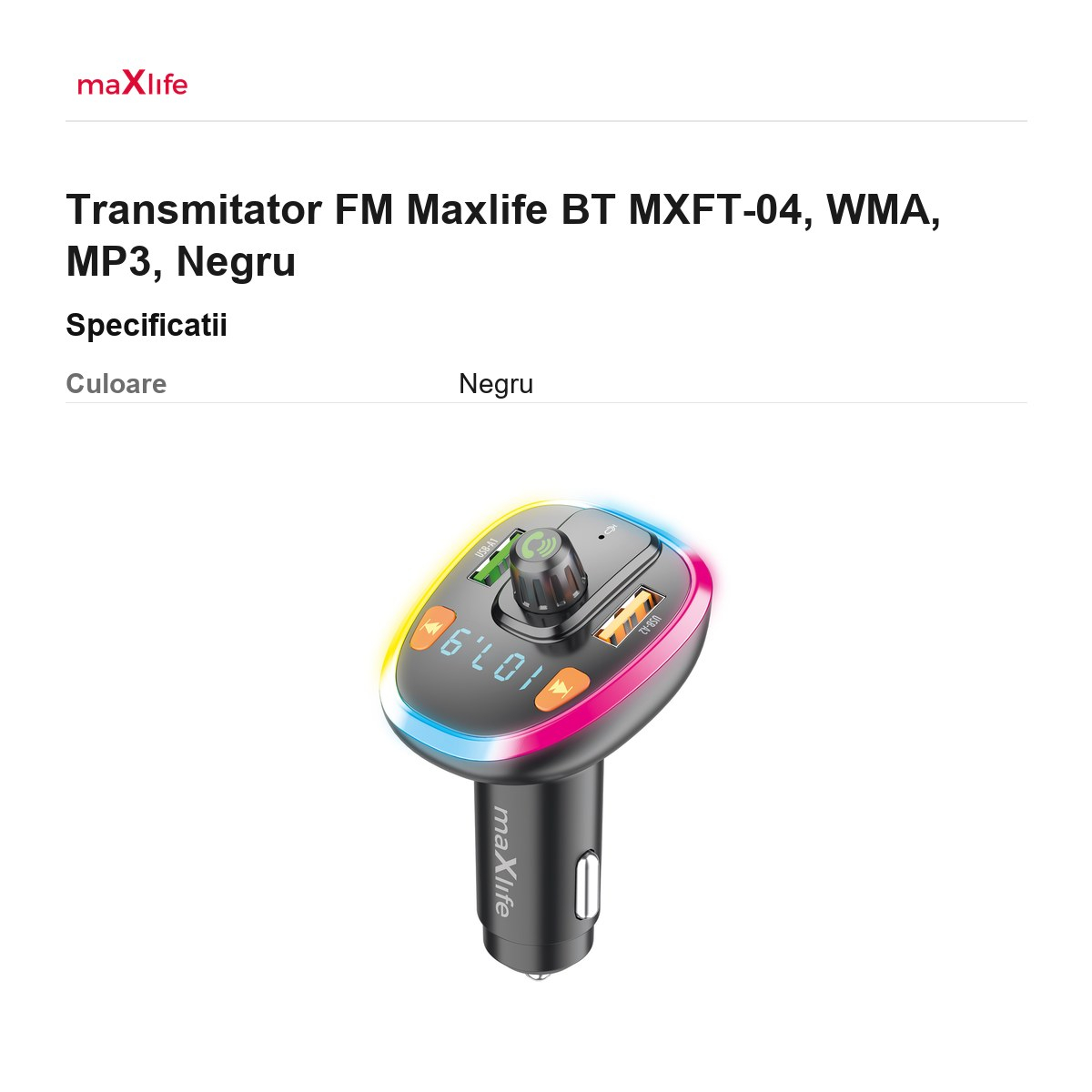 Transmitator FM Maxlife BT MXFT-04, WMA, MP3, Negru [3]