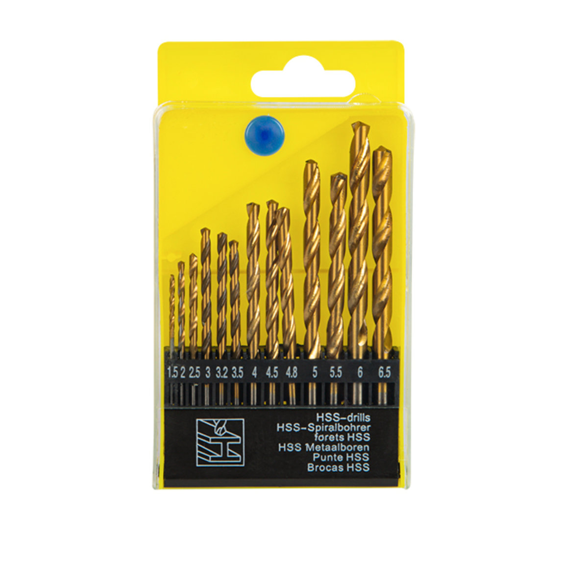 Trusa burghie pentru metal HSS, cod 05464, 13 buc, 1.5mm-6.5mm, cutie depozitare, galbena [1]