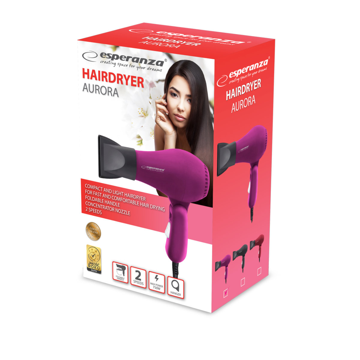 Uscator de par, 750W, 2 viteze, concentrator, maner pliabil, Esperanza Aurora, roz [3]