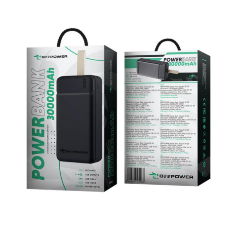 Acumulator portabil tip Power bank BeePower BP-30 50006, 30000mAh, 2.1A, 2xUSB, cablu microUSB, negru [2]