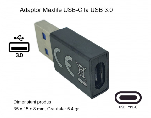 Adaptor Maxlife 94073 USB-C mama la USB 3.0 tata, in blister, negru [5]