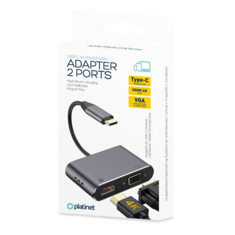 Adaptor multimedia USB tip C tata la HDMI mama si VGA mama, Platinet 45224, rezolutie maxima HDMI 4K la 30 Hz si VGA Full HD 1080p la 60 Hz [6]