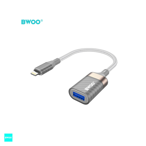 Adaptoare smartphone - Adaptor OTG BWOO BZ70, tip Lightning la USB mama, cablu 0.18m cu invelis exterior nylon impletit, interfata USB 3.0, 5Gbps,  gri