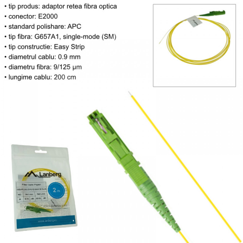 Adaptor retea fibra optica coada/Pigtail cu conector E2000/APC, lungime 2m, Lanberg 43354, Easy Strip SM OS2 G657A1, galben [5]