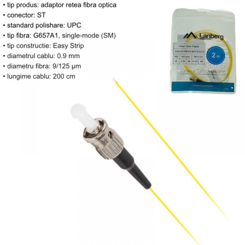 Adaptor retea fibra optica coada/Pigtail cu conector ST/UPC, lungime 2m, Lanberg 43353, Easy Strip SM G657A1, galben [4]