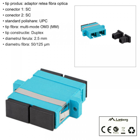 Adaptor retea fibra optica cu conectori SC/UPC, Lanberg 43372, MM DUPLEX OM3, turcoaz [5]