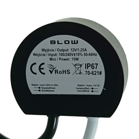 Alimentator plat pentru LED-uri, 220V la 12V-1.25A, 15W, Blow, IP67, negru [2]