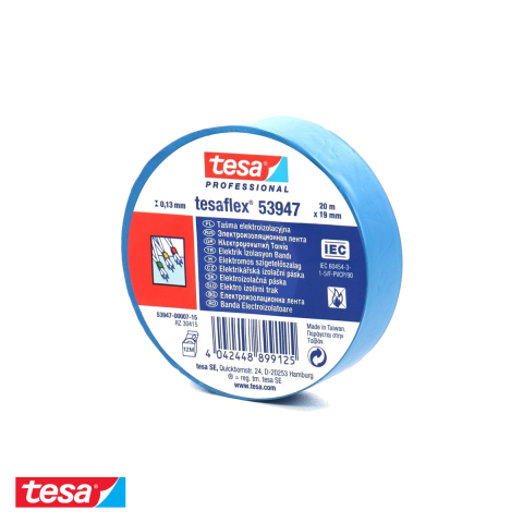 Bricolaj - Banda adeziva electroizolatoare Tesa, PVC moale ignifug, albastra, 20m x 19mm, pentru izolarea si marcarea cablurilor electrice