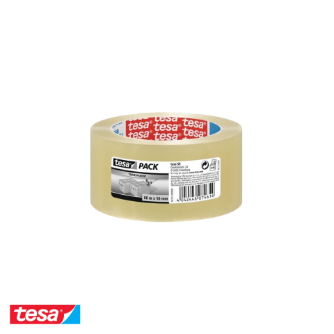 Bricolaj - Banda adeziva transparenta Tesa, polipropilena 25 µm cu adeziv cauciuc natural, 66m x 48mm, pentru sigilare manuala si automata cutii carton