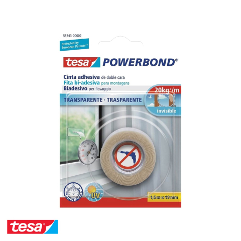 Bricolaj - Banda dublu adeziva transparenta Tesa Powerbond, 19mm x 1.5m, fixare permanenta pe suprafete fine