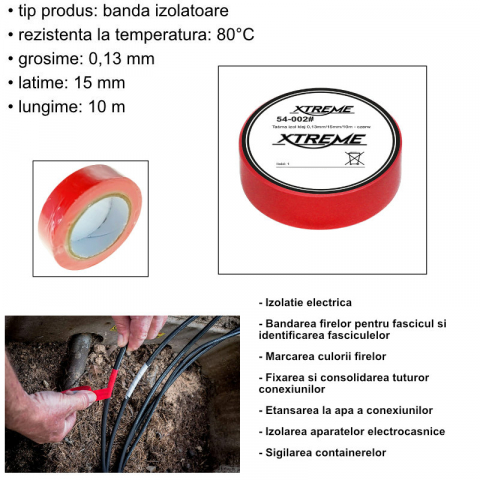 Banda izolatoare adeziva, XTREME 07052, 0.13mmx15mm, 10m lungime, PVC, rosie [3]