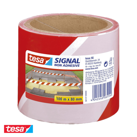 Vizibilitate - Banda non-adeziva de avertizare Tesa, rosu/alb, rezistenta UV, pentru marcare obstacole si zone periculoase, 100m x 80mm