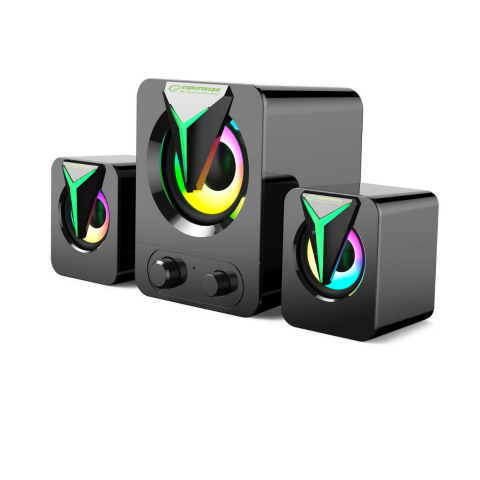 Boxe - Boxe stereo 2.1, 10W, conectare jack 3.5mm, alimentare USB, Esperanza Rainbow Soprano 95857, iluminare RGB, negre