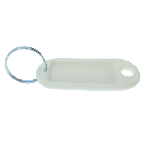 Articole ambalare - Breloc alb cu eticheta identificare si inel de prindere, Key Ring Tag, 52 x 22 mm, din plastic