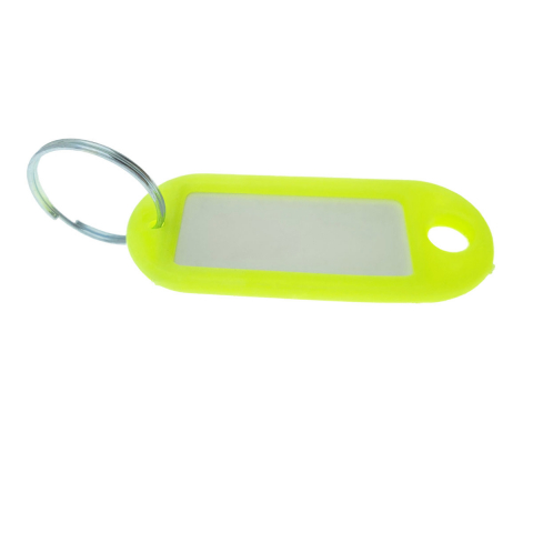 Articole ambalare - Breloc galben neon cu eticheta identificare si inel de prindere, Key Ring Tag, 52 x 22 mm, din plastic