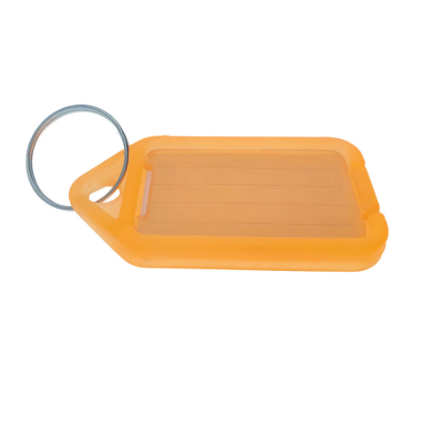 Articole ambalare - Breloc portocaliu, 55 x 30 mm, cu eticheta identificare si inel de prindere, Key Ring Tag, din plastic