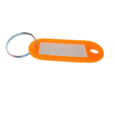 Articole ambalare - Breloc portocaliu cu eticheta identificare si inel de prindere, Key Ring Tag, 52 x 22 mm, din plastic