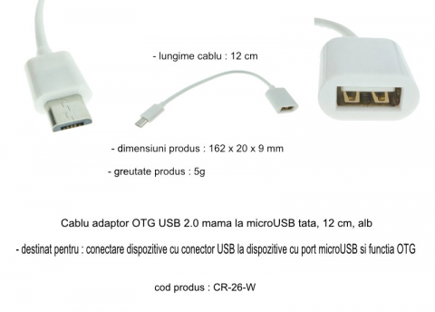 Cablu adaptor OTG USB 2.0 mama la microUSB tata, 12 cm, alb [12]