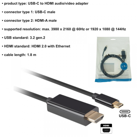 Cablu adaptor USB-C tata la HDMI tata, USB 3.2 gen.2, HDMI 2.0, Lanberg 43677, FHD-144Hz, 4K-60Hz, 18Gb/s, 180cm, negru [5]