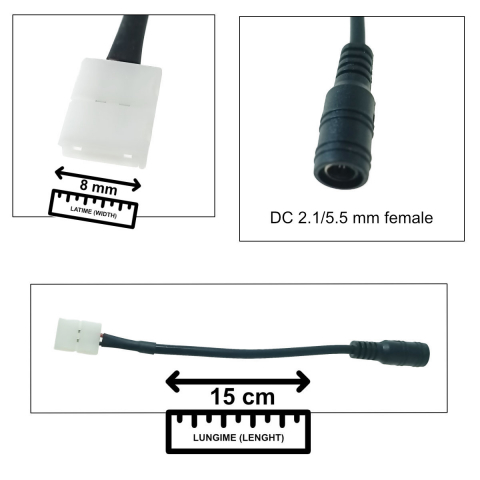 Cablu alimentare benzi Led 8mm, cu conector 2.1/5.5mm mama la conexiune 2 pini, lungime 15cm, negru [1]
