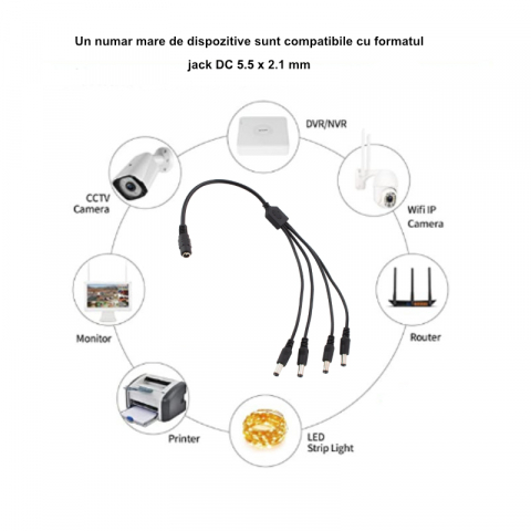Cablu alimentare splitter 1 la 4, 5.5x2.1 mm, PR-5584-BK, 40cm, CC/DC, pentru strip LED, camere, negru [5]