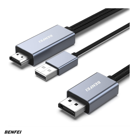 Cablu DisplayPort - Cablu Benfei unidirectional HDMI la DisplayPort, 4K 4096 x 2160 la 60Hz, 2K 144Hz 1080P 165Hz, lungime 1.8m, cu prelungire USB pentru alimentare suplimentara, invelis exterior textil impletit, carcasa