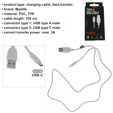 Cablu cu conectori USB-A tata la USB-C tata, Maxlife 75816, incarcare, transfer date, 3A, lungime 100cm, alb [4]