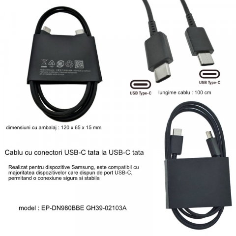 Cablu cu conectori USB-C tata la USB-C tata, OEM model EP-DN980BBE GH39-02103A, 1m, negru PD 3A [6]