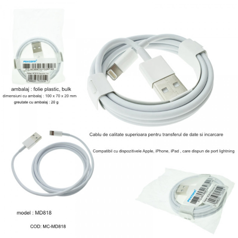 Cablu cu conectori USB tata la 8-pin lightning tata, Foxconn MD818, lungime 1m, alb [12]