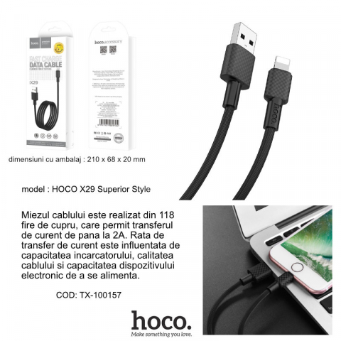 Cablu cu conectori USB tata la Lightning tata, HOCO X29 Superior Style, lungime 1m, 2A, negru [4]