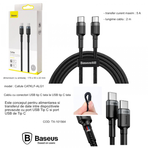 Cablu cu conectori USB tip C tata la USB tip C tata, Baseus Cafule CATKLF-ALG1, 2m, 100W, 5A, negru cu gri [12]