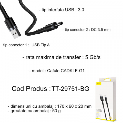 Cablu de alimentare, Baseus 29751, cu conector USB Tip A tata la DC 3.5 mm tata, model Cafule CADKLF-G1, 2A, lungime 1 m, negru [7]