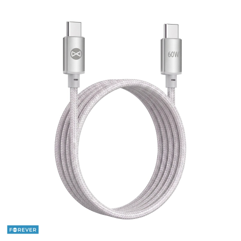 Accesorii smartphone - Cablu de date Forever Vibe, USB-C tata-tata, lungime 1m, 60W, invelis exterior din nylon impletit, conectori cu capete intarite, argintiu