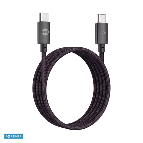 Accesorii smartphone - Cablu de date Forever Vibe, USB-C tata-tata, lungime 1m, 60W, invelis exterior din nylon impletit, conectori cu capete intarite, gri inchis