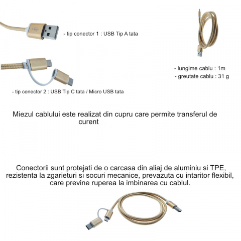 Cablu de date si incarcare 2 in 1, cu conectori USB Tip A tata la USB Tip C tata si Micro USB tata, 1m, auriu [4]