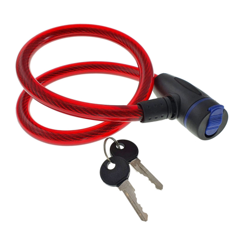 Accesorii ciclism - Cablu de otel, antifurt bicicleta, de siguranta si protejare, lungime 69 cm, inchidere cu cheie, invelis flexibil din PVC siliconat, rosu